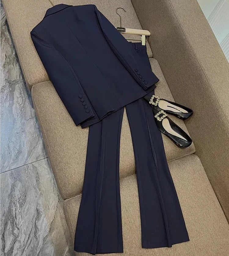 2024 Lady Office High Quality Spring Designed Solid Suit Single Button Long Sleeve Blazer Flared Pants Women 2Pcs