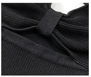 2024 Lady Sexy Hollow Out Lace Patchwork Stitching Slim Fitted Women Bow Bust Short Sleeve Midi Solid Knit Black Dress