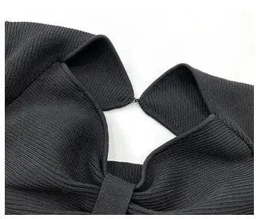 2024 Lady Sexy Hollow Out Lace Patchwork Stitching Slim Fitted Women Bow Bust Short Sleeve Midi Solid Knit Black Dress