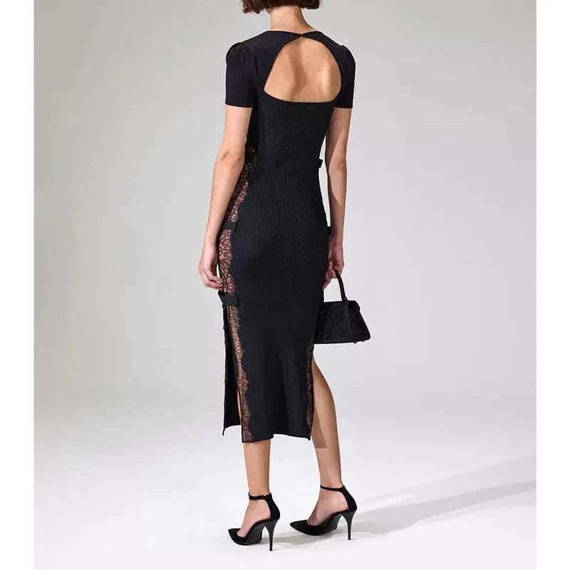 2024 Lady Sexy Hollow Out Lace Patchwork Stitching Slim Fitted Women Bow Bust Short Sleeve Midi Solid Knit Black Dress