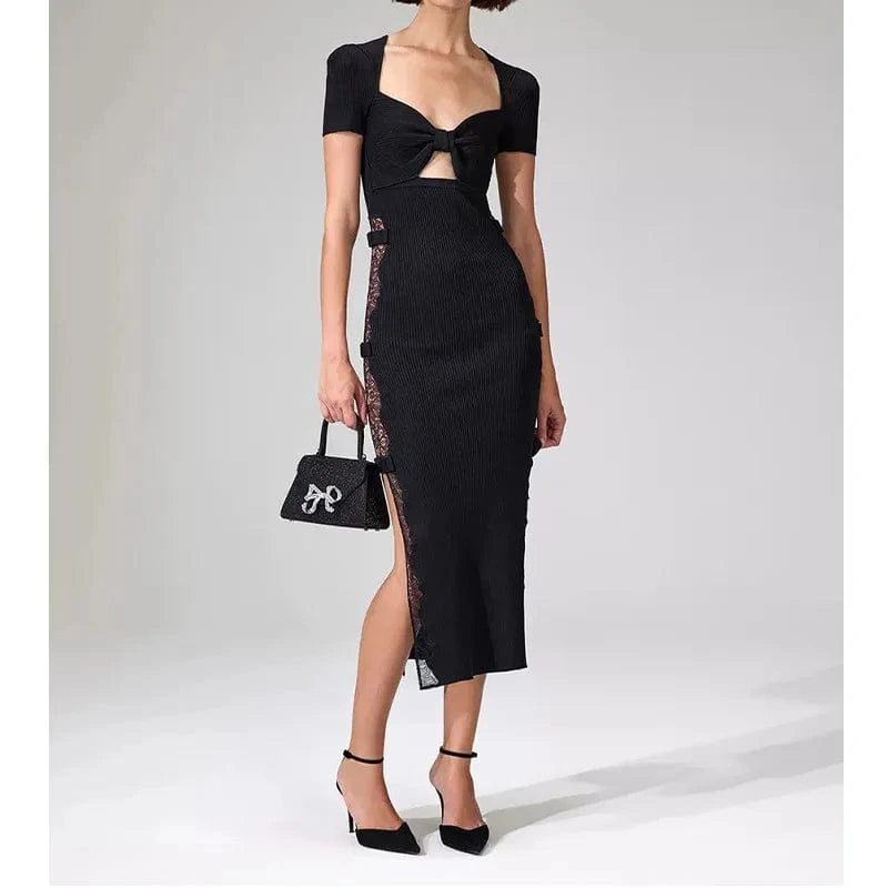 2024 Lady Sexy Hollow Out Lace Patchwork Stitching Slim Fitted Women Bow Bust Short Sleeve Midi Solid Knit Black Dress