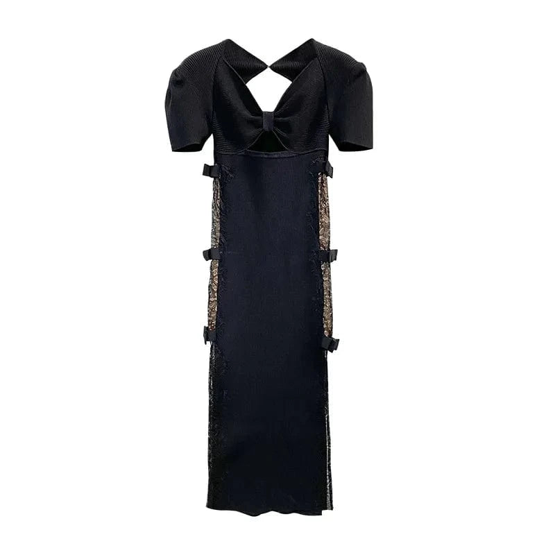 2024 Lady Sexy Hollow Out Lace Patchwork Stitching Slim Fitted Women Bow Bust Short Sleeve Midi Solid Knit Black Dress