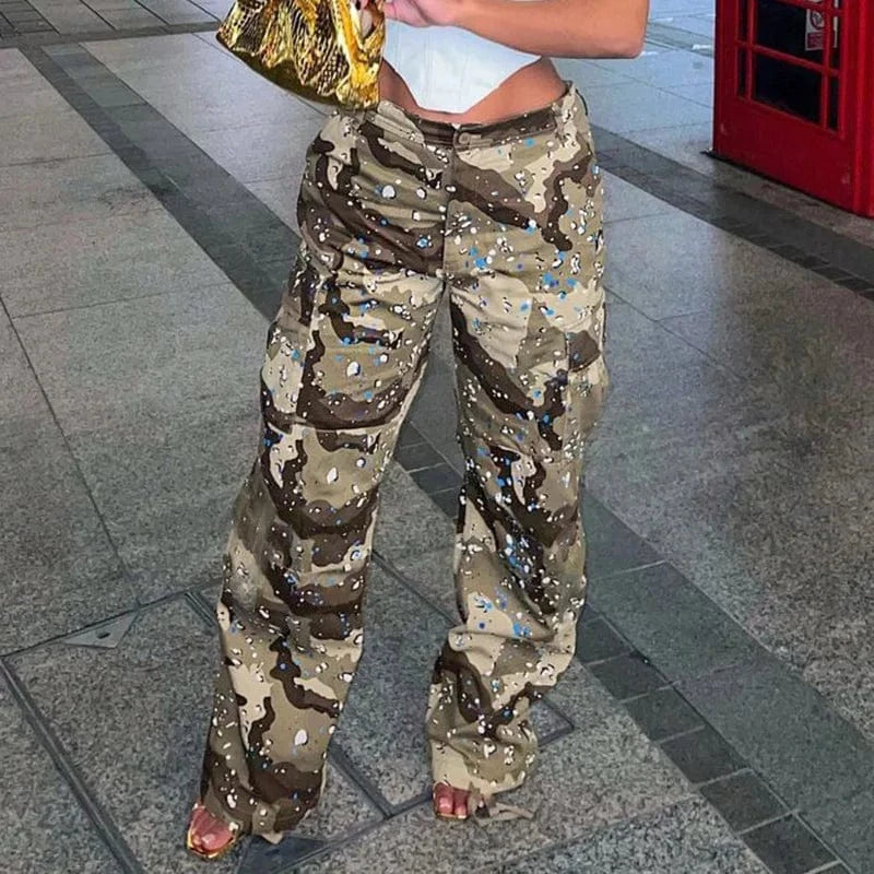 2024 Large Pocket Camouflage Elastic Waistband And Double Layer Straight Tube Casual Cargo Pants
