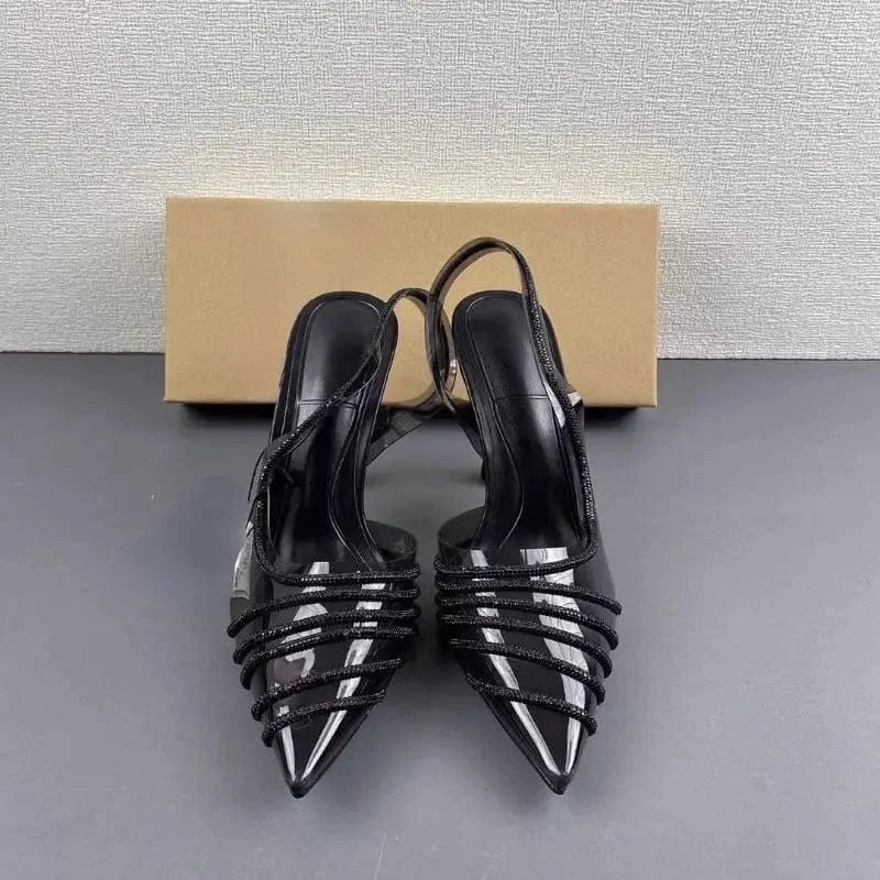 2024 Latest Fashion Sandalias Transparent Metal Chain Slingback Shoes Women Clear Heels