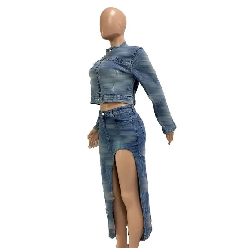 2024 Latest Women's Denim Matching Sets Crop Jacket Stretch Denim Sets Women Denim Two Piece Jacket Sets