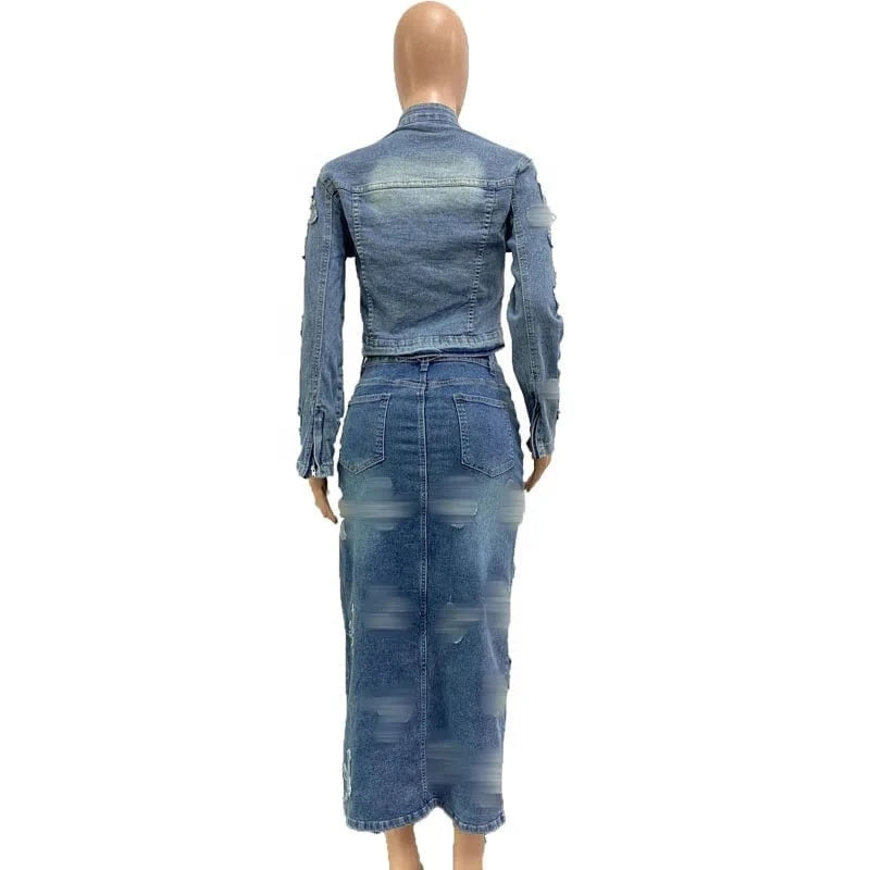 2024 Latest Women's Denim Matching Sets Crop Jacket Stretch Denim Sets Women Denim Two Piece Jacket Sets