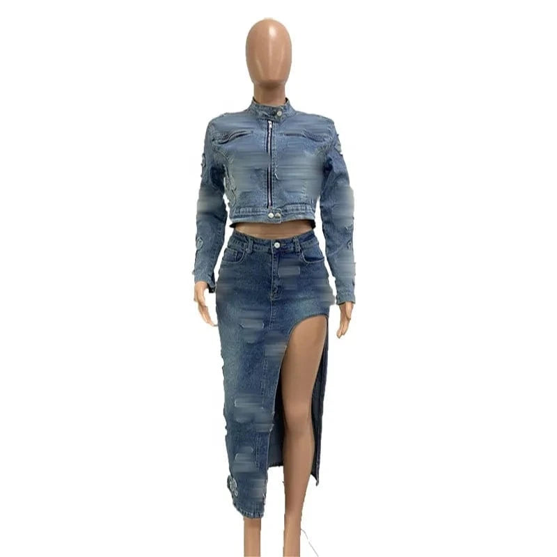 2024 Latest Women's Denim Matching Sets Crop Jacket Stretch Denim Sets Women Denim Two Piece Jacket Sets