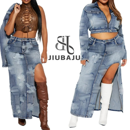 2024 Latest Women's Denim Matching Sets Crop Jacket Stretch Denim Sets Women Denim Two Piece Jacket Sets