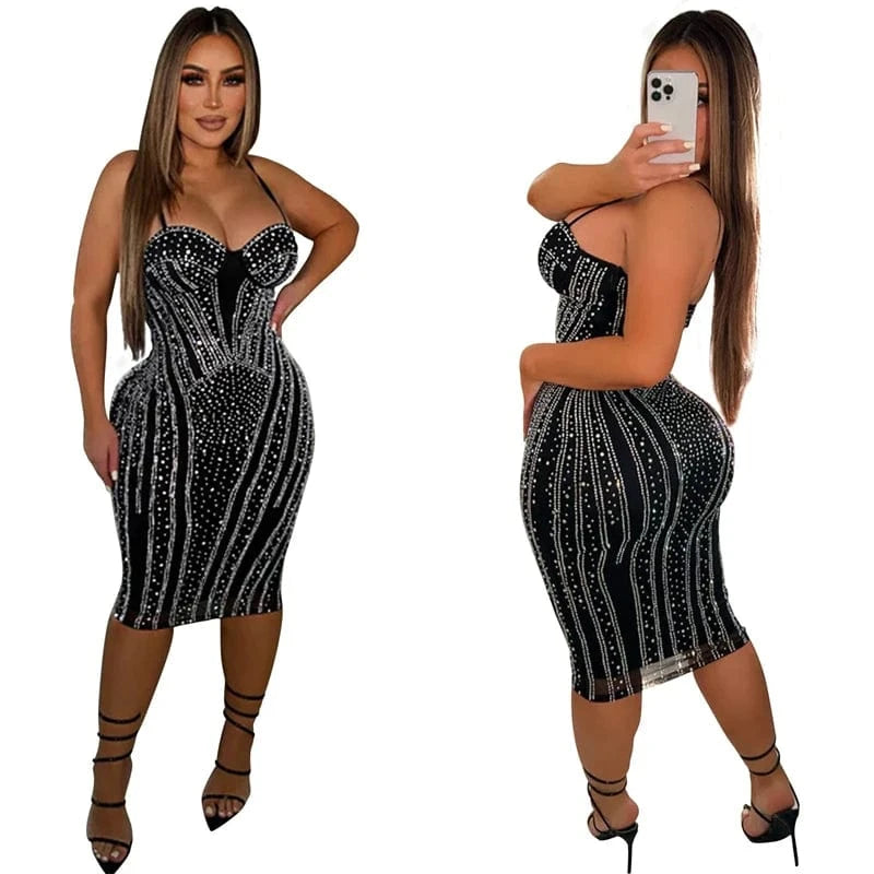 2024 latex design luxury elegant large size women rhinestone beaded mesh tight black party evening midi dress for women