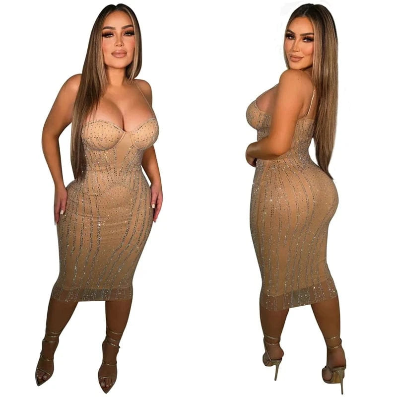 2024 latex design luxury elegant large size women rhinestone beaded mesh tight black party evening midi dress for women