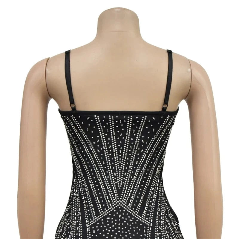 2024 latex design luxury elegant large size women rhinestone beaded mesh tight black party evening midi dress for women