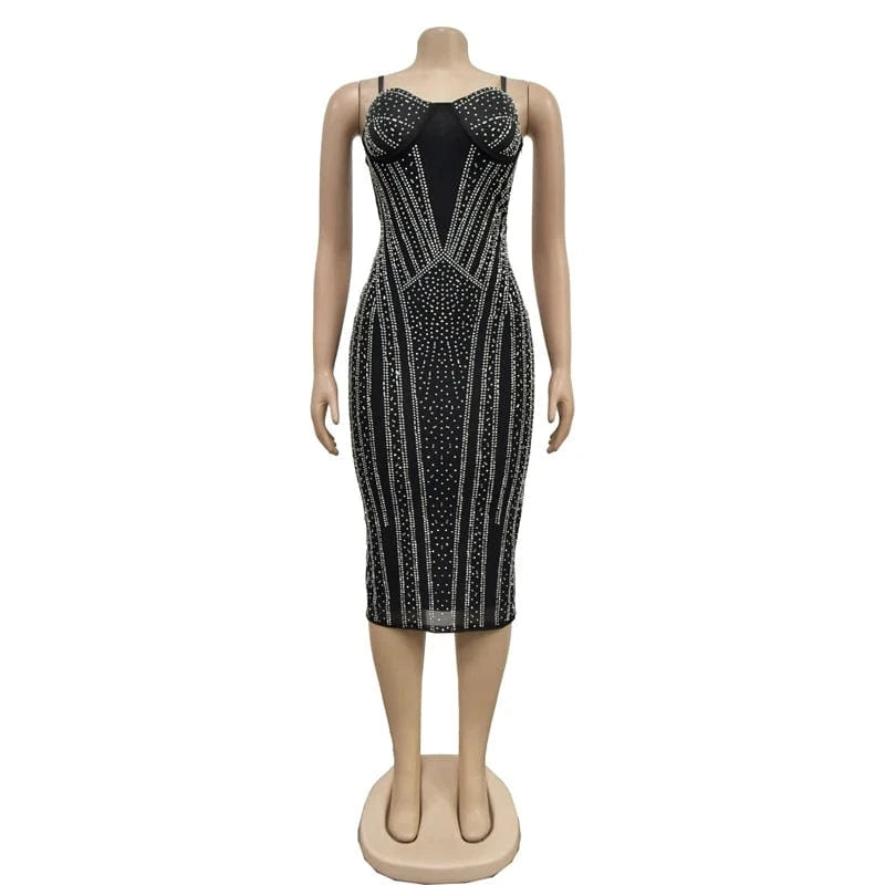 2024 latex design luxury elegant large size women rhinestone beaded mesh tight black party evening midi dress for women