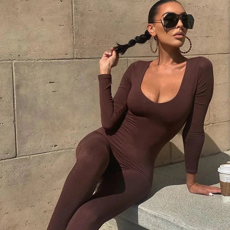 2024 Long Sleeve Slash Neck Skinny Solid Stretchy Bodycon Jumpsuits Autumn Winter Women Fashion Streetwear Outfits Romp