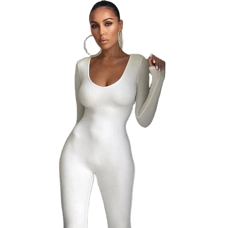 2024 Long Sleeve Slash Neck Skinny Solid Stretchy Bodycon Jumpsuits Autumn Winter Women Fashion Streetwear Outfits Romp