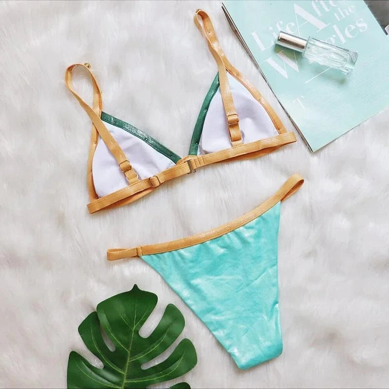 2024 Micro Bikini Rivets Swimwear Women PU Swimsuit Triangle Bathing Suit Push Up Bikini Brazilian Sexy Monokini Maillot De Bain