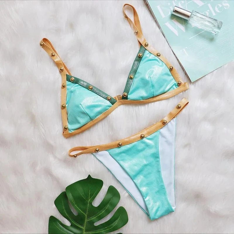 2024 Micro Bikini Rivets Swimwear Women PU Swimsuit Triangle Bathing Suit Push Up Bikini Brazilian Sexy Monokini Maillot De Bain