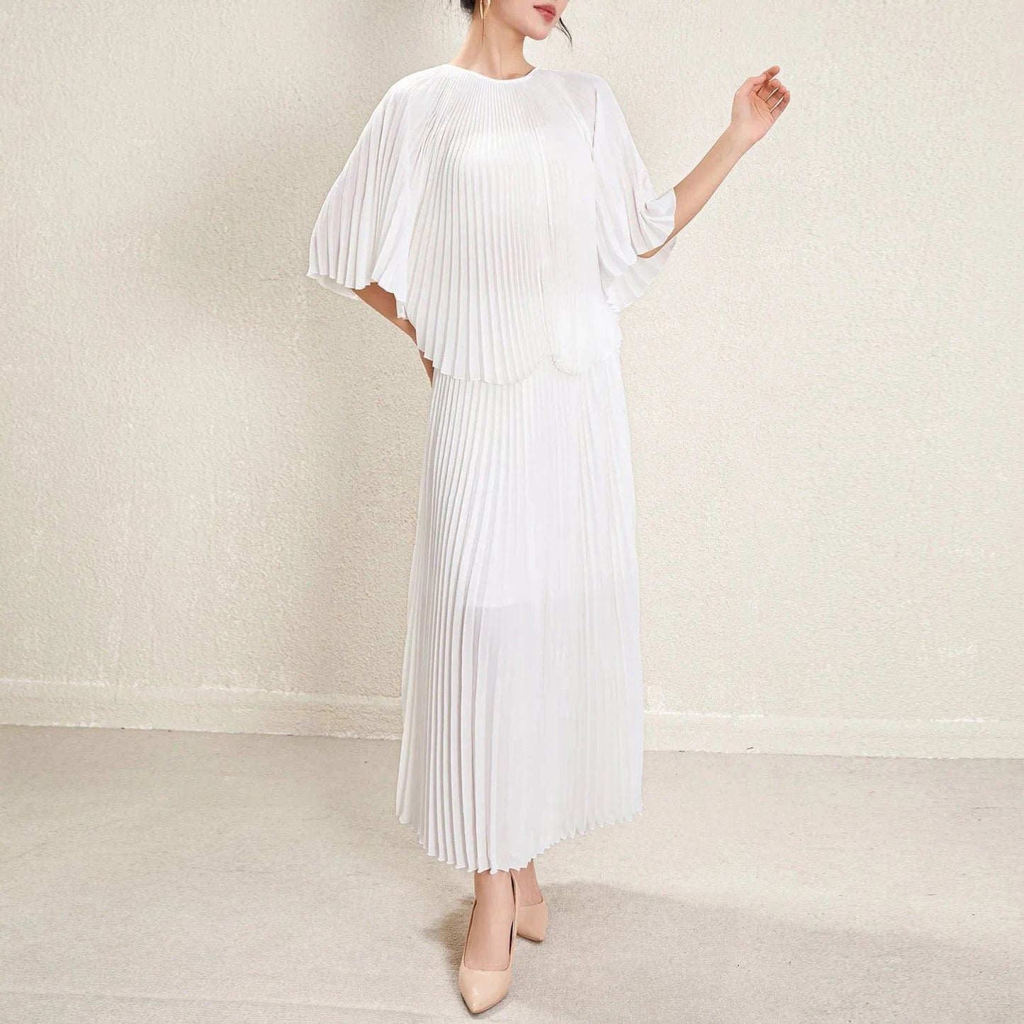 2024 Miyake Pleated 2-Piece Set Batwing Sleeve Ruffle Top Pleated Skirt Women's Set Casual Elegant Women's Two-piece Set