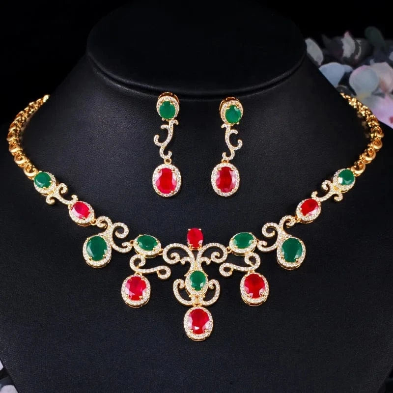 2024 Necklace Earring Necklace Jewelry Set Gemstone Jewellery Sets Wholesale Luxury Indian Middle East Emerald Ruby Zircon Wedding