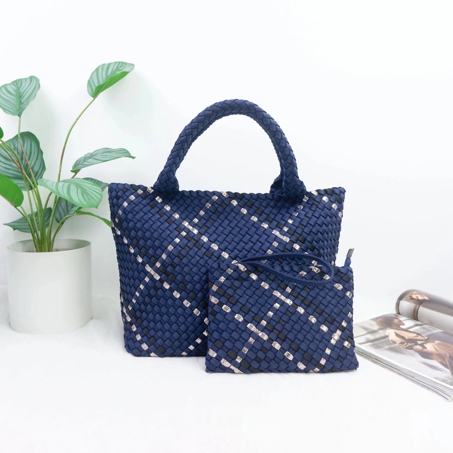 2024 neoprene woven tote bags weave neoprene crossbody purse beach bag with small pouch custom bag