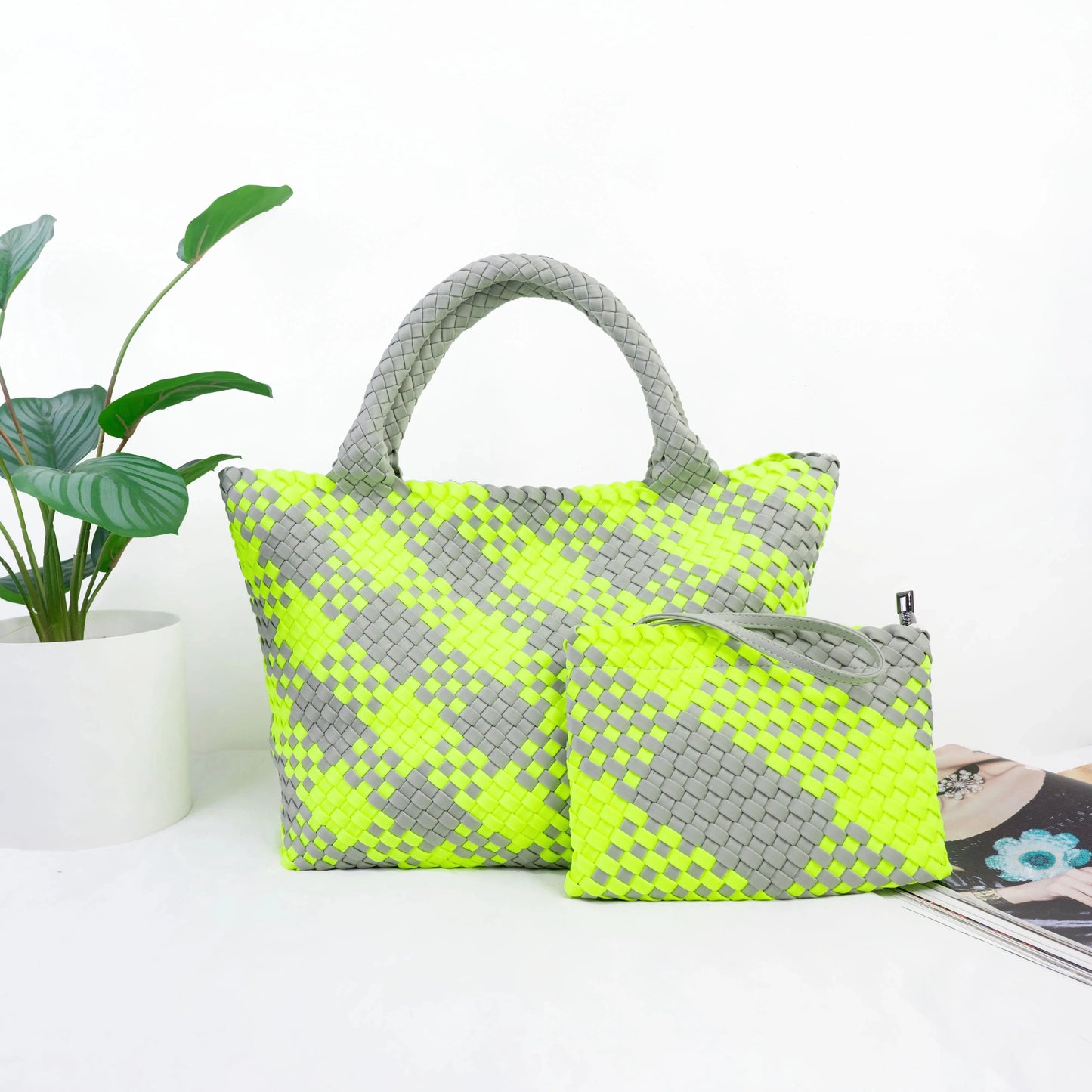 2024 neoprene woven tote bags weave neoprene crossbody purse beach bag with small pouch custom bag