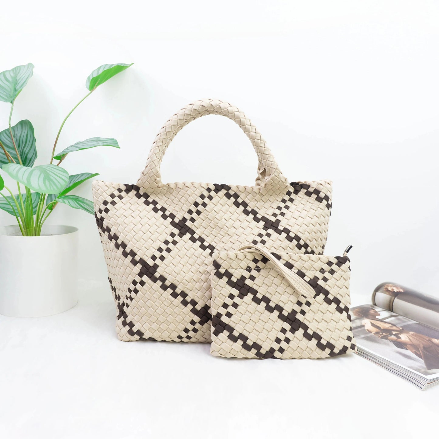 2024 neoprene woven tote bags weave neoprene crossbody purse beach bag with small pouch custom bag