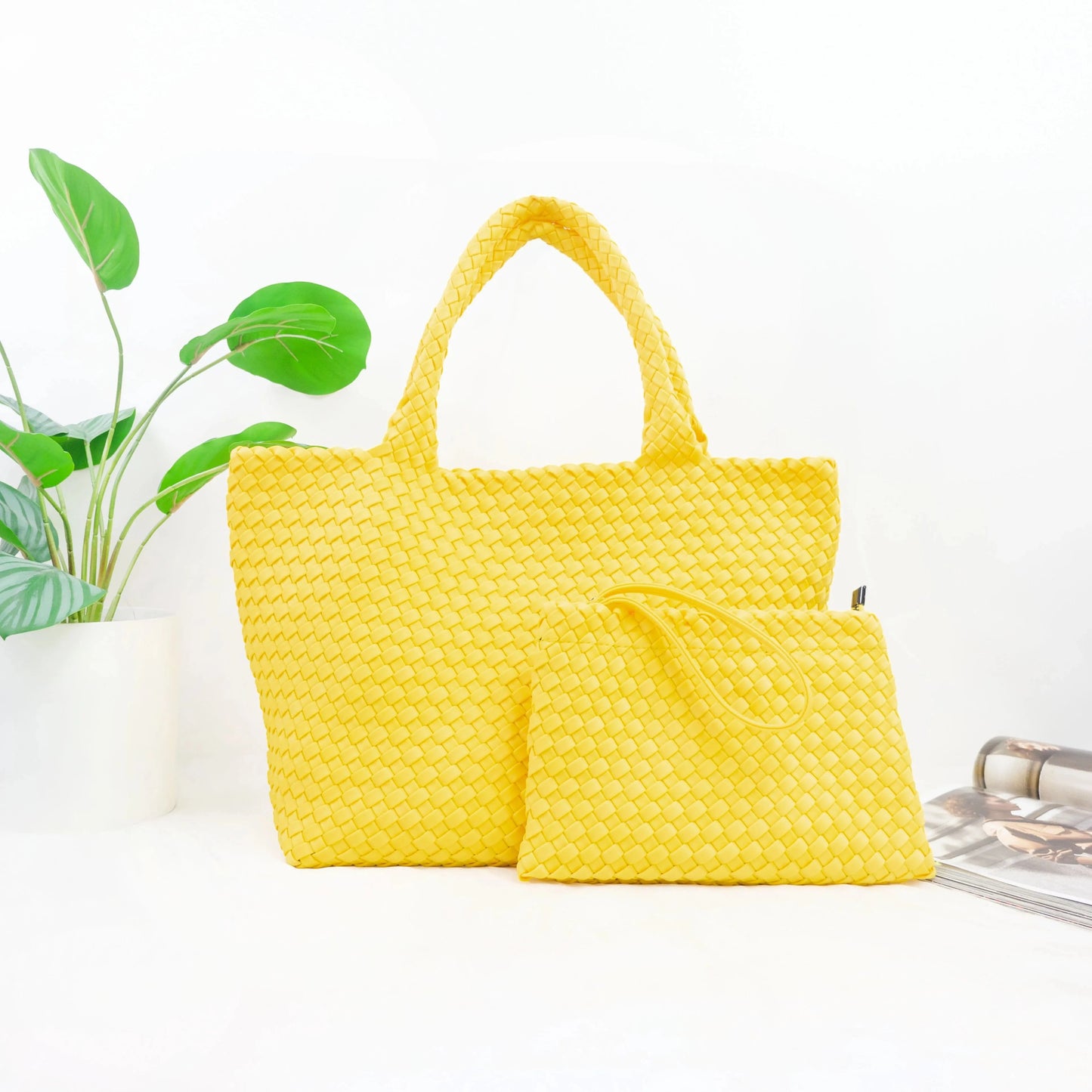 2024 neoprene woven tote bags weave neoprene crossbody purse beach bag with small pouch custom bag