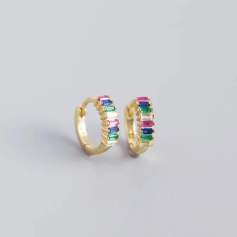 2024 NEW 925 Sterling Silver rainbow rectangular shape with cz diamond  hoop earrings for women jewelry