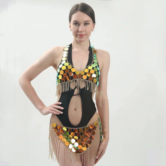 2024 New Accessories Sexy Multi-layer Wafer Tassel Sequins Body Chains Summer Beach Women's Bikini Sexy Waist Chain Jewelry Set