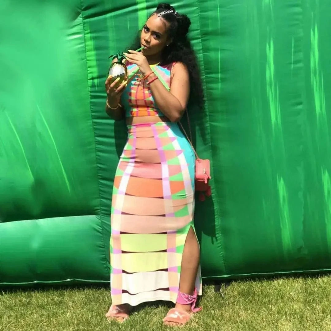 2024 New Alternating Colorful Striped Top Set Sleeveless Round Neck Positioning Print Sexy Irregular Maxi Dress Two Piece Set