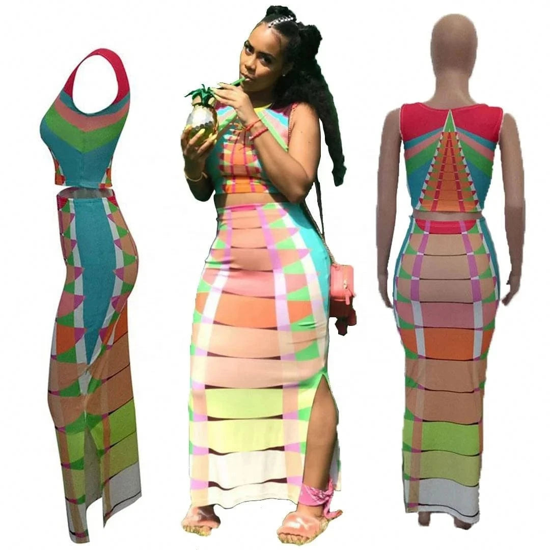 2024 New Alternating Colorful Striped Top Set Sleeveless Round Neck Positioning Print Sexy Irregular Maxi Dress Two Piece Set