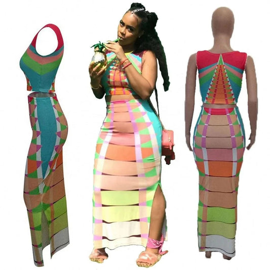 2024 New Alternating Colorful Striped Top Set Sleeveless Round Neck Positioning Print Sexy Irregular Maxi Dress Two Piece Set