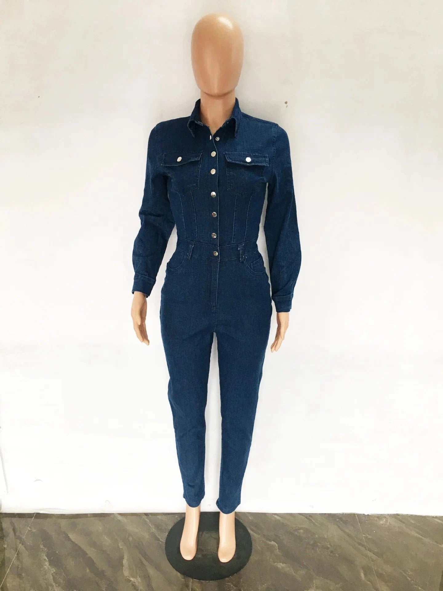 2024 New Arrival Brand Denim Jumpsuits Slim Fit Stretch Pencil Jeans Solid Turn-down Collar Long Sleeve Casual Bodycon Rompers