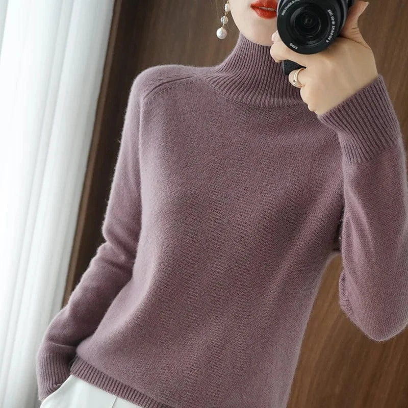 2024 new arrival fashion lady mock collar long sleeve slim fit free size plain cashmere sweater