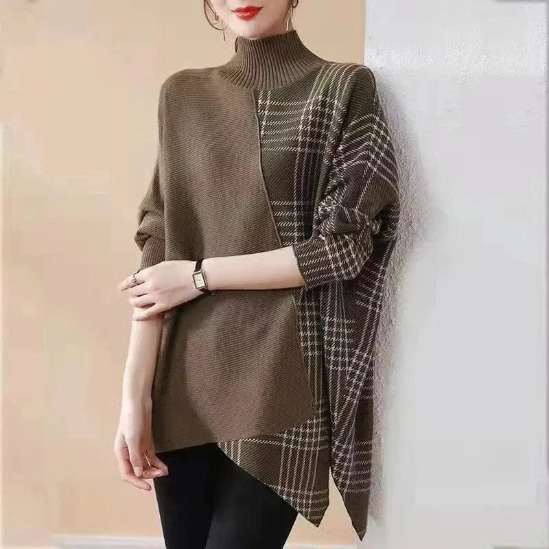 2024 New arrival high-quality fashion women's crew-neck long-sleeved plaid loose knit pullover sweater