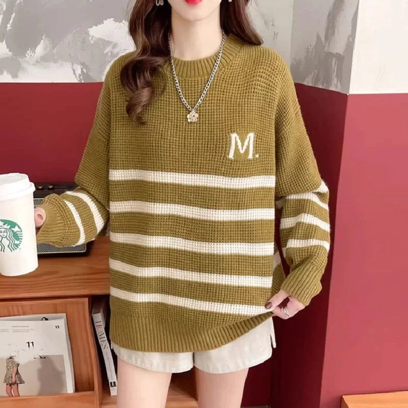 2024 New arrival spring and autumn high-quality fashion women's cheap crew neck striped loose knit boutique pullover sweater