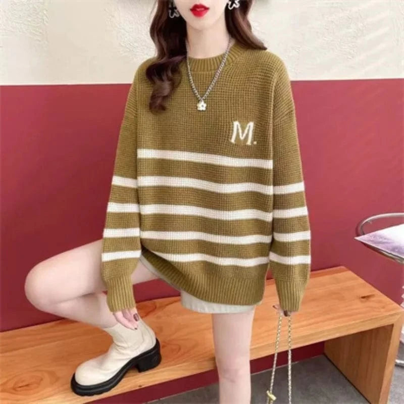 2024 New arrival spring and autumn high-quality fashion women's cheap crew neck striped loose knit boutique pullover sweater