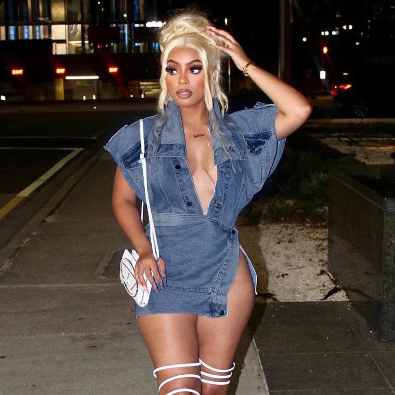 2024 New arrival Women Jean Two Piece Set Women Boutique Clothing Deep V Neck Denim Split Wrap Skirt 2 Piece Sexy Outfits