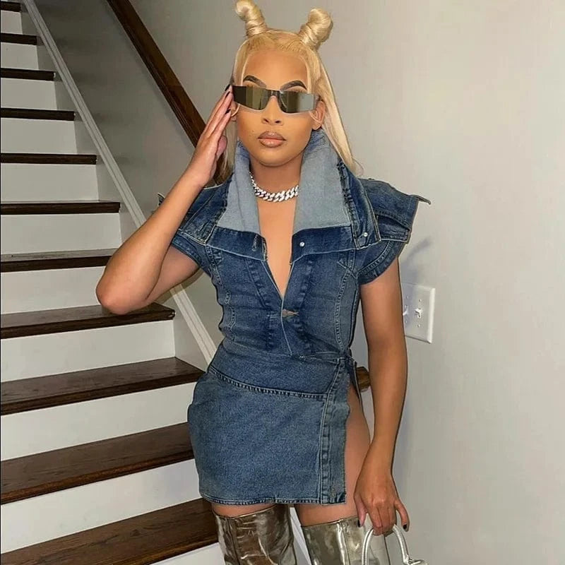 2024 New arrival Women Jean Two Piece Set Women Boutique Clothing Deep V Neck Denim Split Wrap Skirt 2 Piece Sexy Outfits