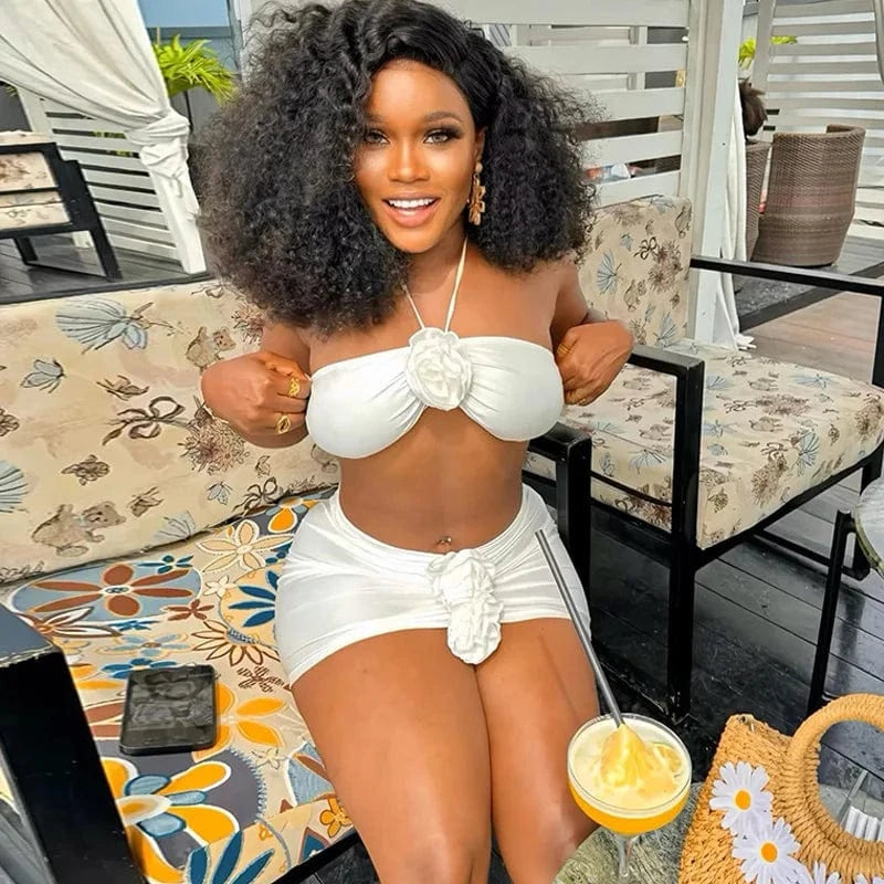 2024 New Arrival Women's Pure Color Three-dimensional Flower Adorned Sexy Neck Wrap Bosom Skirt Suit Work Pants Length Included