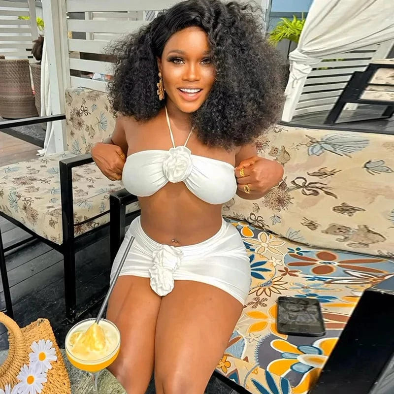 2024 New Arrival Women's Pure Color Three-dimensional Flower Adorned Sexy Neck Wrap Bosom Skirt Suit Work Pants Length Included