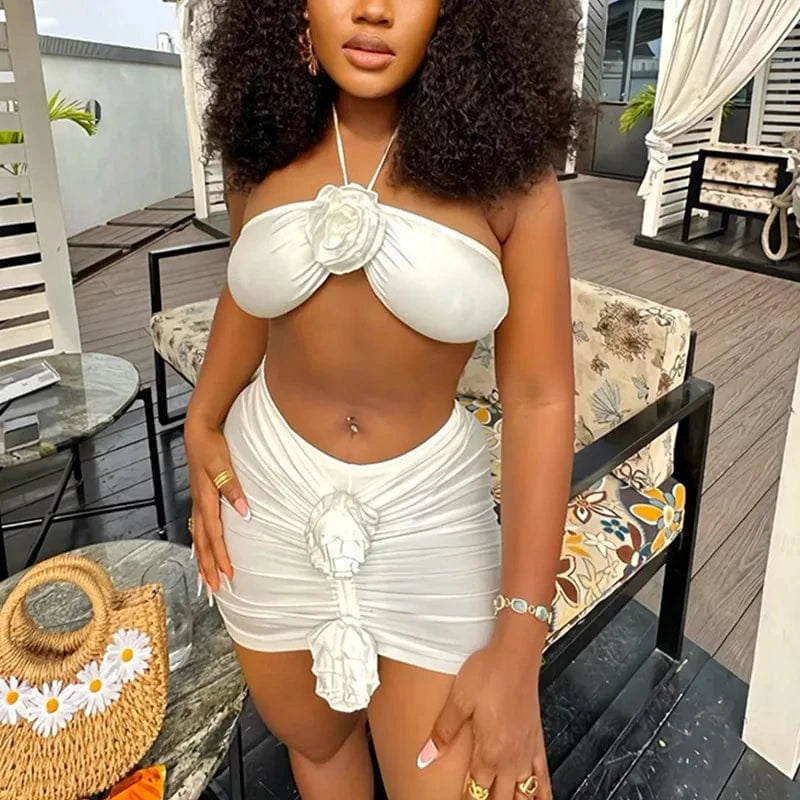 2024 New Arrival Women's Pure Color Three-dimensional Flower Adorned Sexy Neck Wrap Bosom Skirt Suit Work Pants Length Included