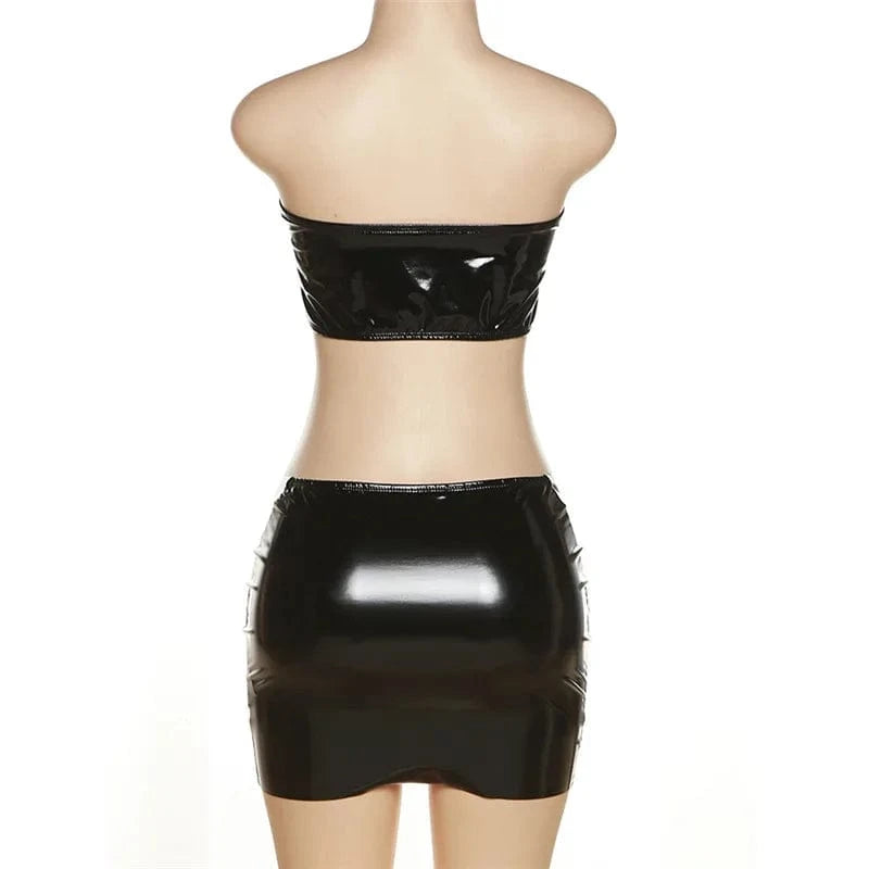 2024 New arrivals autumn strapless sexy pu leather clubwear two piece set women clothing