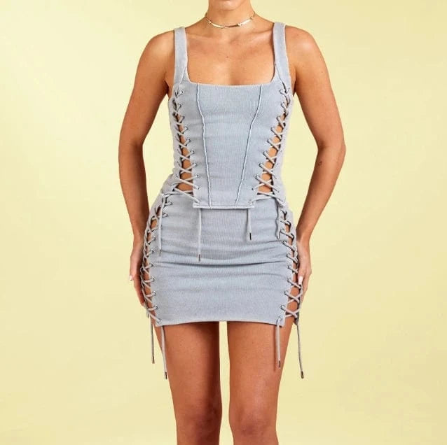2024 New Arrivals Crop Tank Top And Mini Skirt Set Spring Women's Clothing Sexy Side Split Bandage Skirt Set