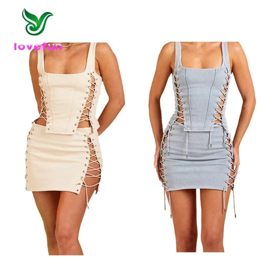 2024 New Arrivals Crop Tank Top And Mini Skirt Set Spring Women's Clothing Sexy Side Split Bandage Skirt Set