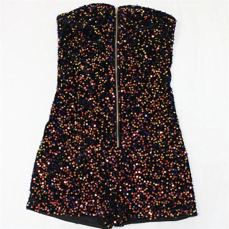2024 new arrivals design women ladies sexy party strapless backless sequin front zipper shorts jumpsuit women club wear outfit