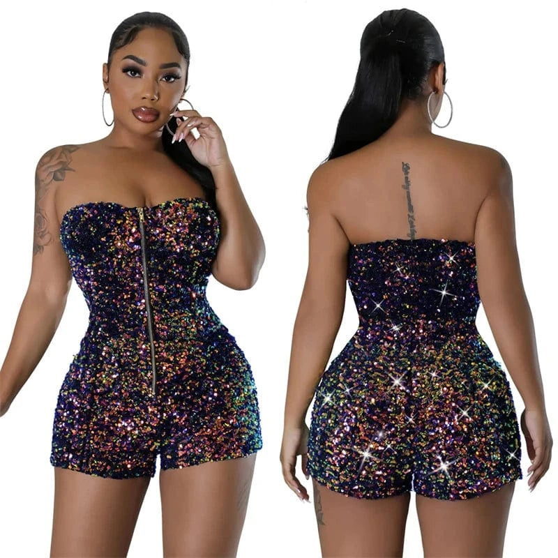 2024 new arrivals design women ladies sexy party strapless backless sequin front zipper shorts jumpsuit women club wear outfit