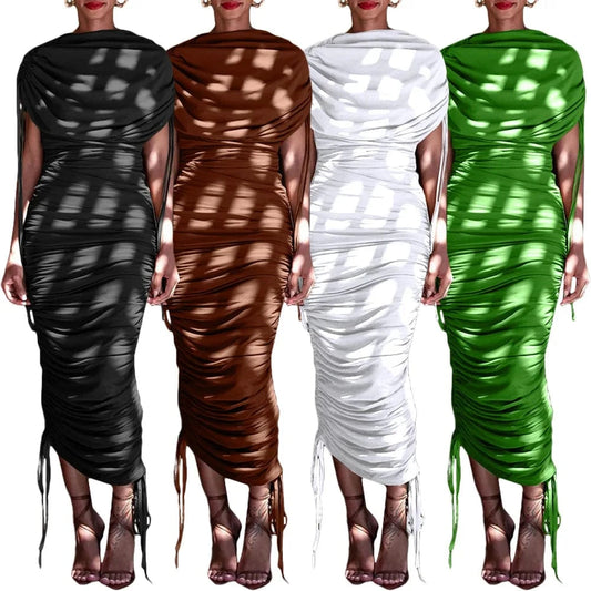 2024 New Arrivals Hot Sale Elegant Casual Wrinkle Drawstring Zipper Irregular Pleated Long Maxi Women's Dress