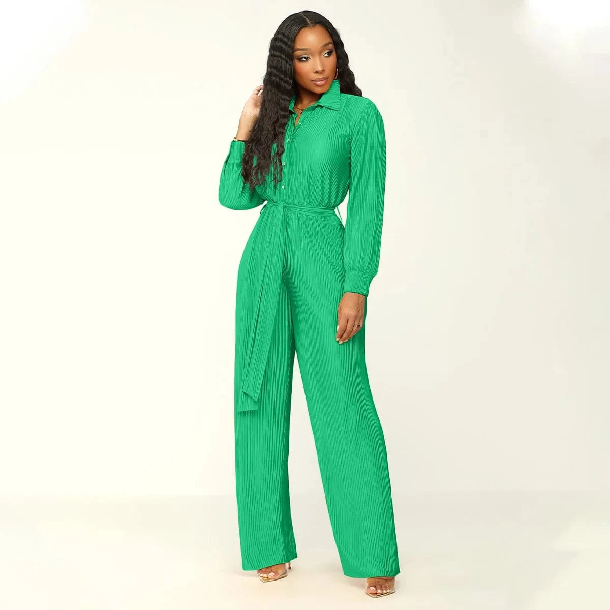 2024 New Arrivals Hot Sale Pleat Fabric Women Wide Leg Jumpsuits Long Sleeve Plain Fall Outfit Elegance Slim Fit