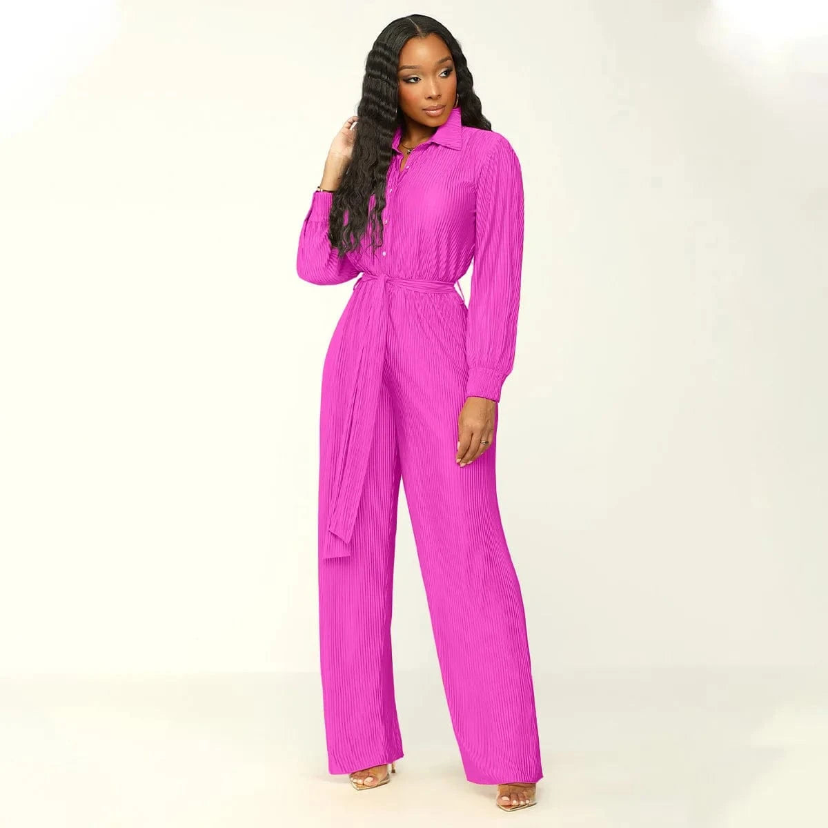 2024 New Arrivals Hot Sale Pleat Fabric Women Wide Leg Jumpsuits Long Sleeve Plain Fall Outfit Elegance Slim Fit