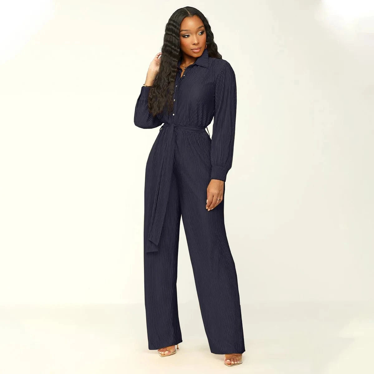 2024 New Arrivals Hot Sale Pleat Fabric Women Wide Leg Jumpsuits Long Sleeve Plain Fall Outfit Elegance Slim Fit